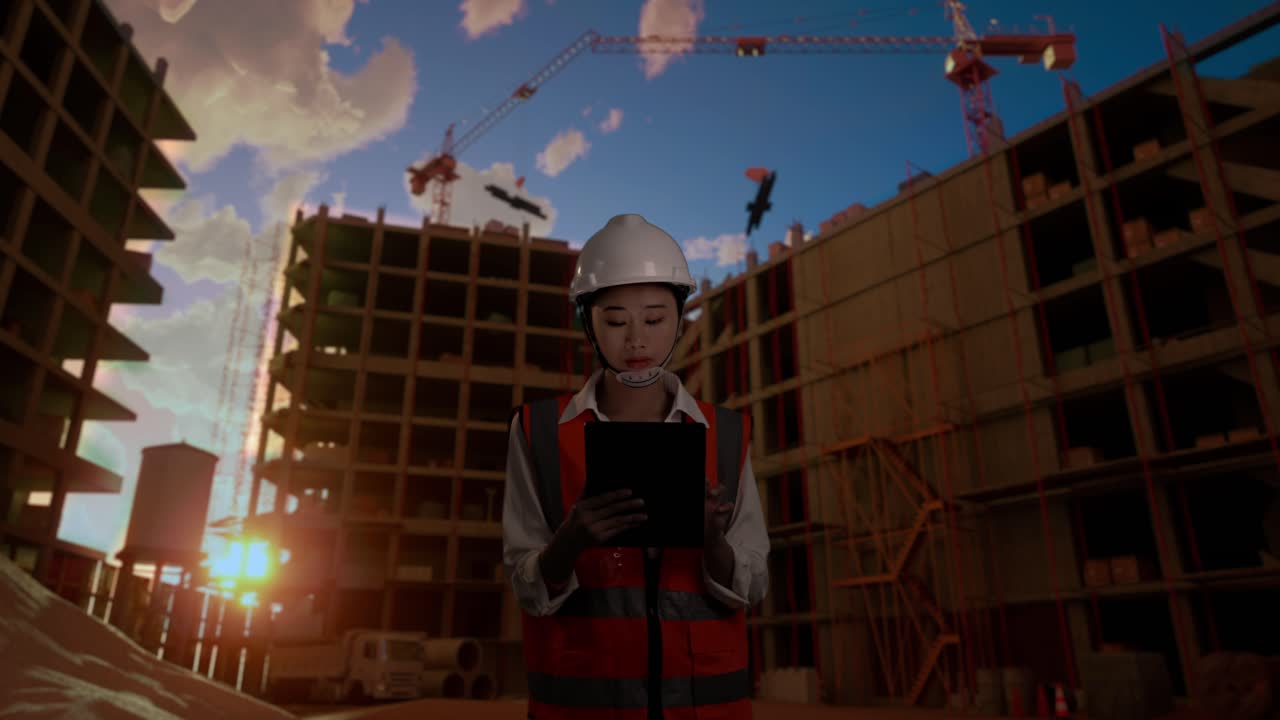 ingeniera asiática con casco de seguridad mirando la tableta en su mano y mirando a su alrededor mientras está de pie en el sitio de construcción, durante la puesta o el amanecer