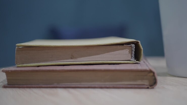 Libri vintage impilati su un tavolo di legno