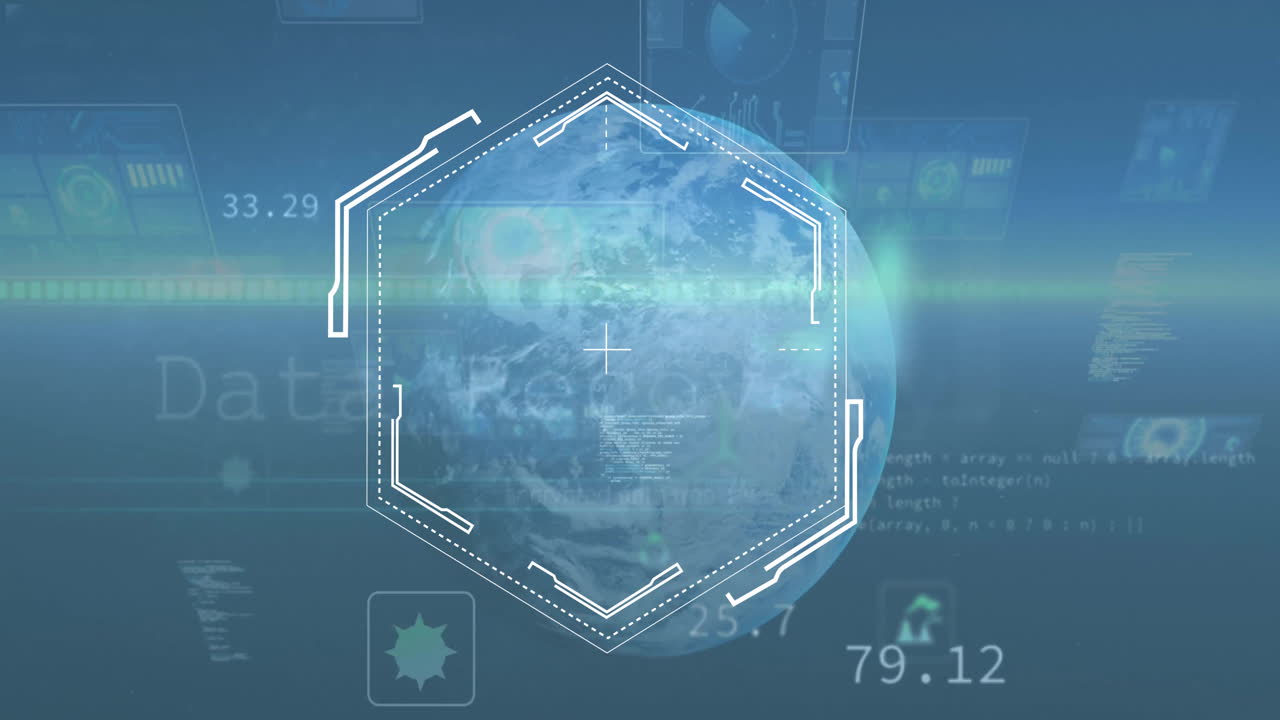 Animation of hexagonal scanner frame processing data over globe on blue background