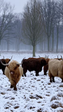 highland cattle grazing in a snowy winter field