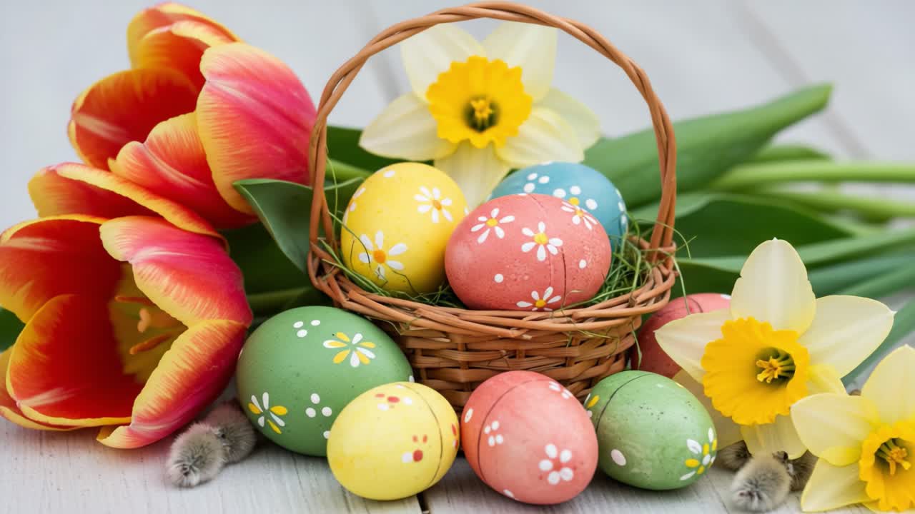 A Vibrant Easter Celebration with Colorful Decorated Eggs, Fresh Flowers, and a Charming Basket Creating a Joyful Spring Atmosphere