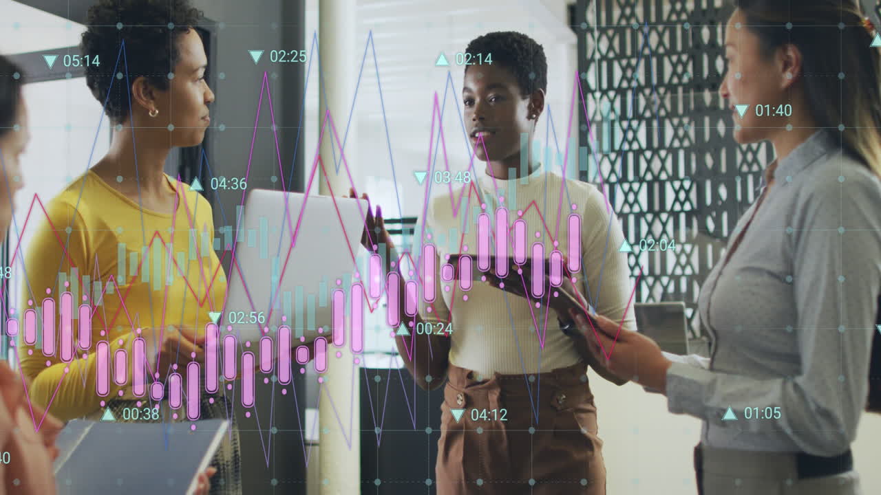 Animation de plusieurs graphiques avec des chiffres changeants, diverses collègues féminines partageant des idées au bureau