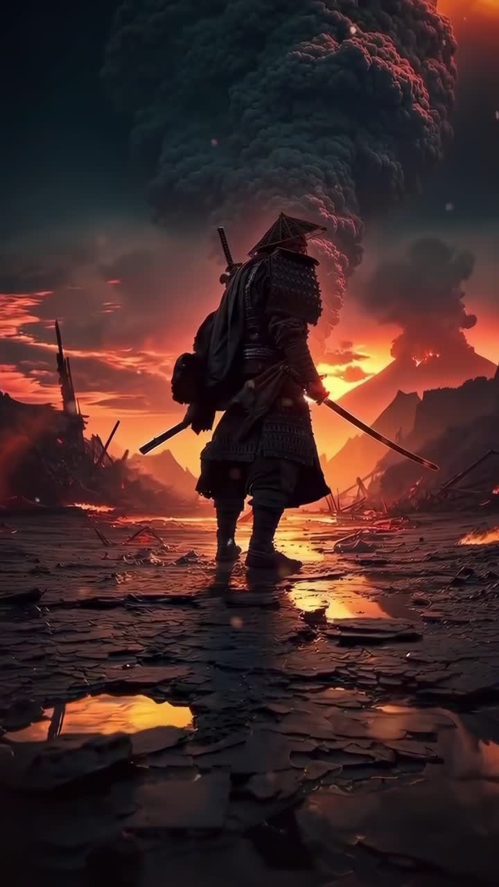 Fermo immagine video epico di un samurai al tramonto, angolazione bassa, illuminazione drammatica, stile cinematografico