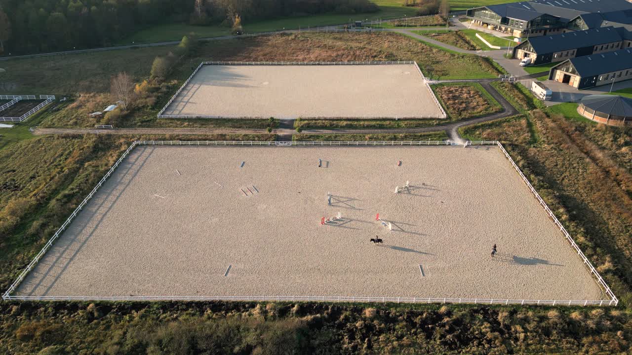 마구간 근처 목장에서 걷고 풀을 뜯는 순종 말 무리