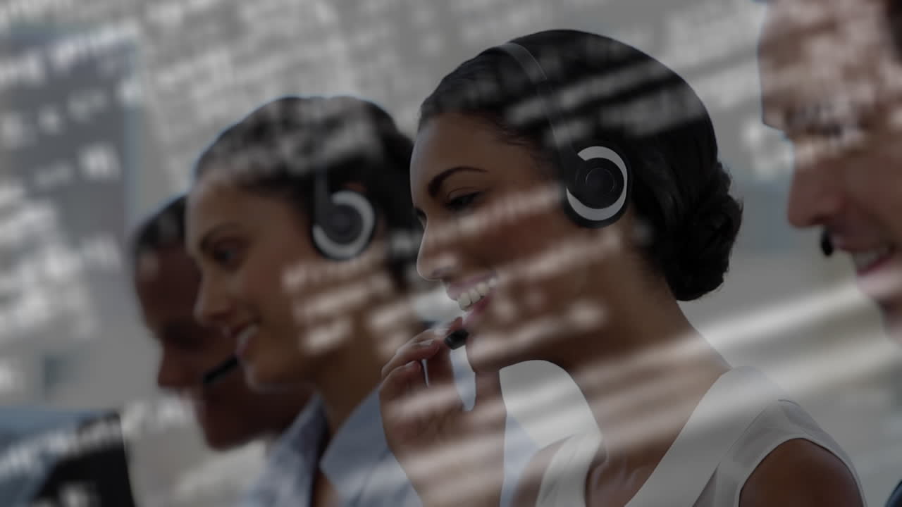 Animation of team of people talking on phone headsets and data processing