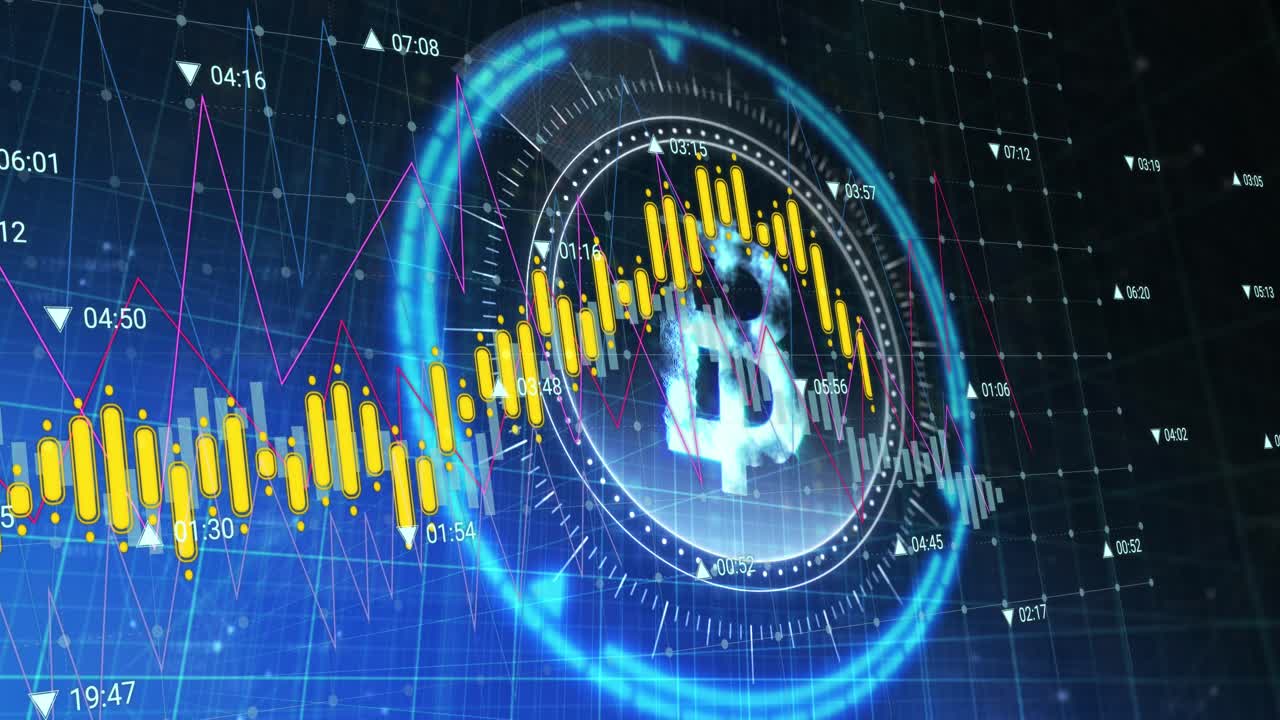 Animação de processamento de dados financeiros sobre varredura de alcance com símbolo de Bitcoin em fundo preto.