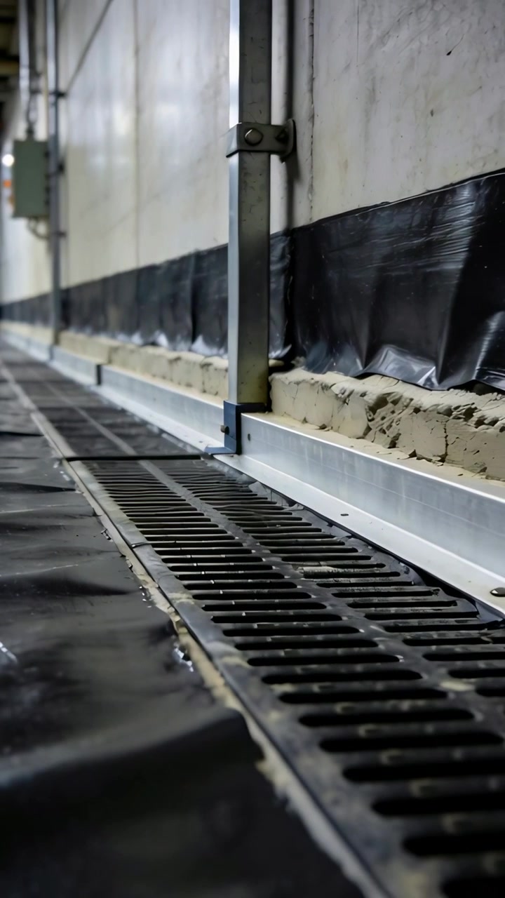 Vertical video: Operator pushing camera gliding over slotted grate at service hall, with channel