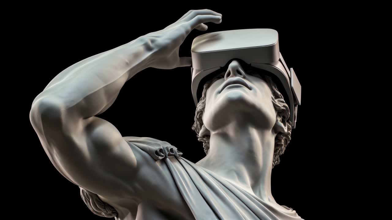 A low-angle shot of a classical statue wearing VR goggles, blending ancient art with modern video