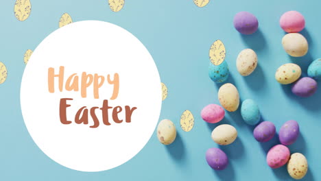 animation of easter eggs and happy easter text over blue background