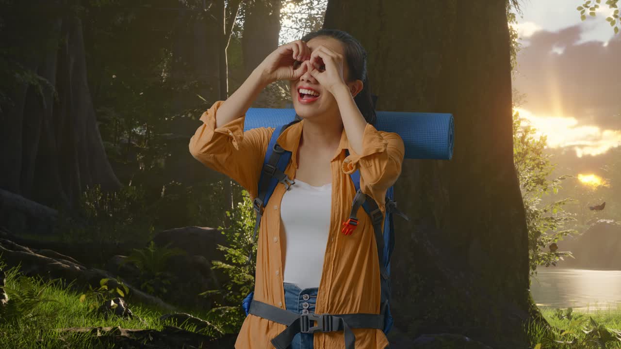 excursionista femenina asiática con mochila de montañismo sonriendo y haciendo gestos de binoculares luego mirando a su alrededor mientras explora la naturaleza del bosque