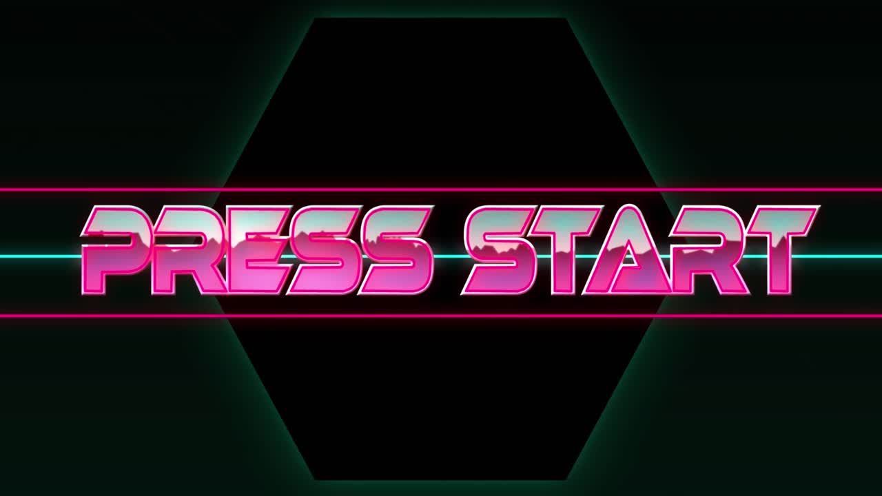 Animation of press start text in pink metallic letters over pink and green lines and green hexagons