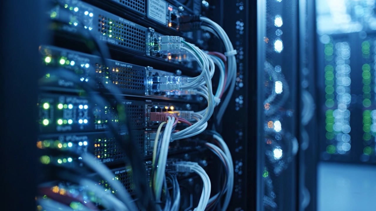 High-Tech Data Center Imagery: A Close-Up View of Network Servers and Cables Highlighting the Intricate Design of Modern Computational Infrastructure