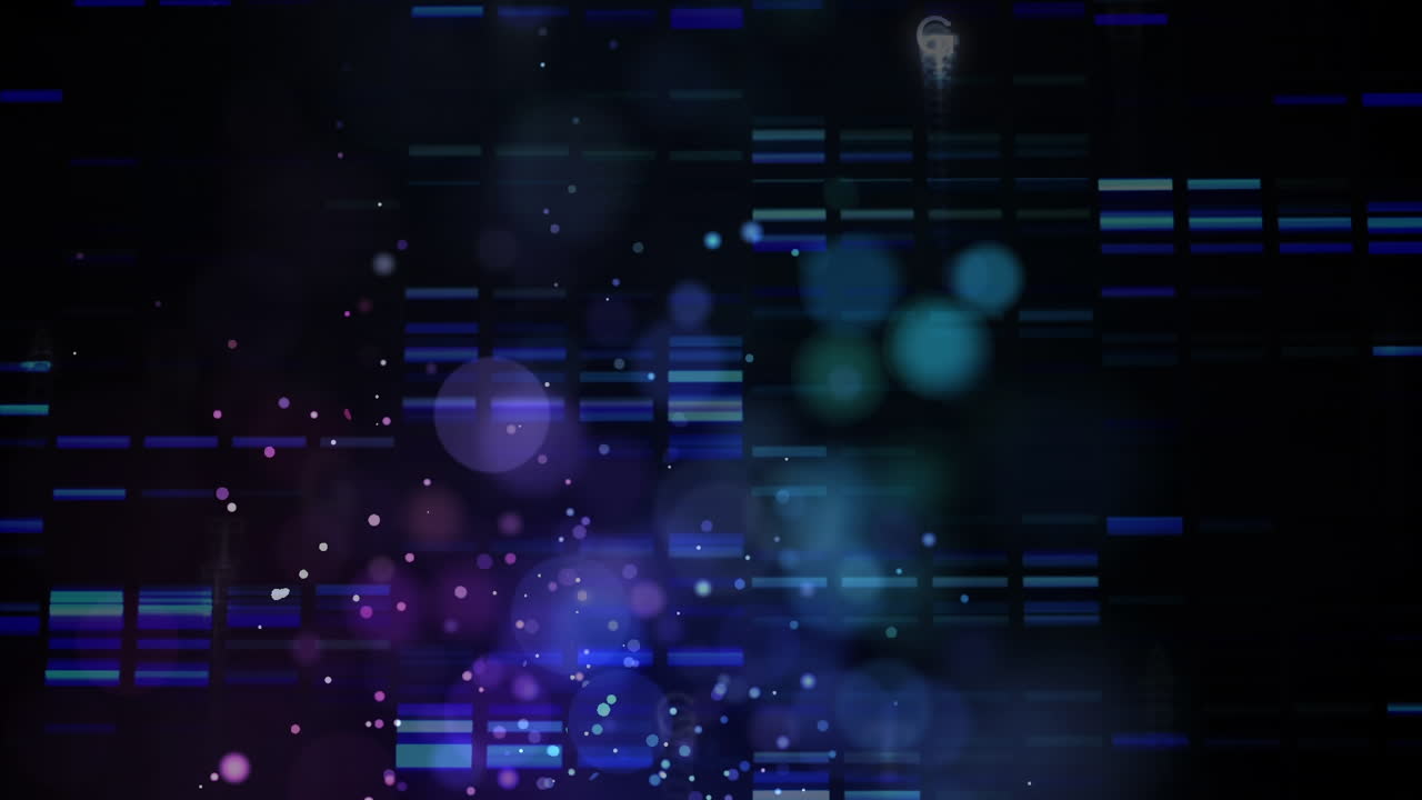 Animation of light spots and letters on black background