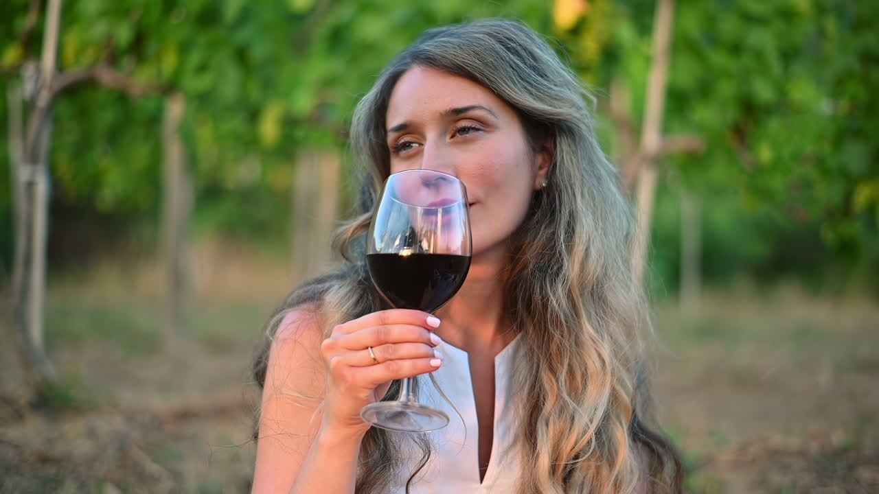 A woman relaxes in a vineyard, savoring a glass of red wine. The sun sets behind the lush grapevines, creating a picturesque atmosphere for leisure and enjoyment