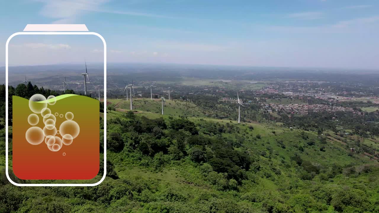 vista aérea de un potente parque de turbinas eólicas para la producción de energía