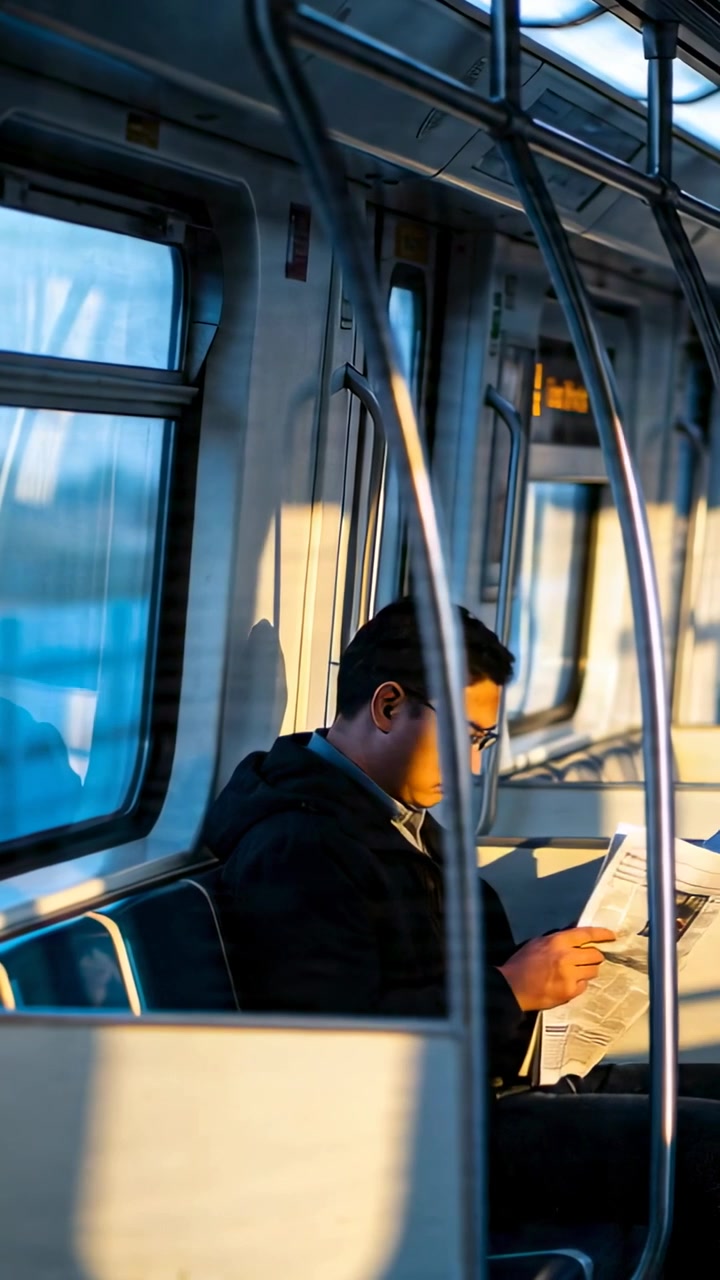 Vertical video: Reading man in coat, collared shirt on train, sun moving, turning folded newspaper