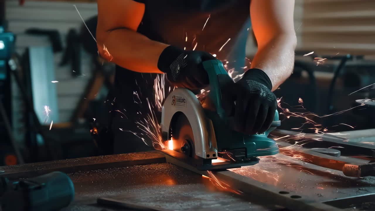 Person cutting metal with a circular saw, generating sparks