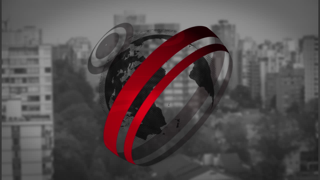 Animation of spinning globe and shapes over cityscape