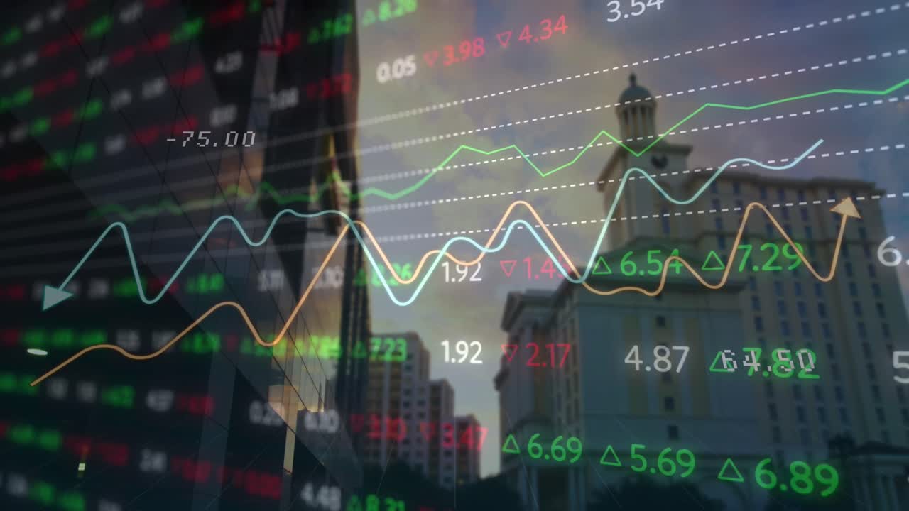 animación del procesamiento de datos financieros sobre el paisaje urbano