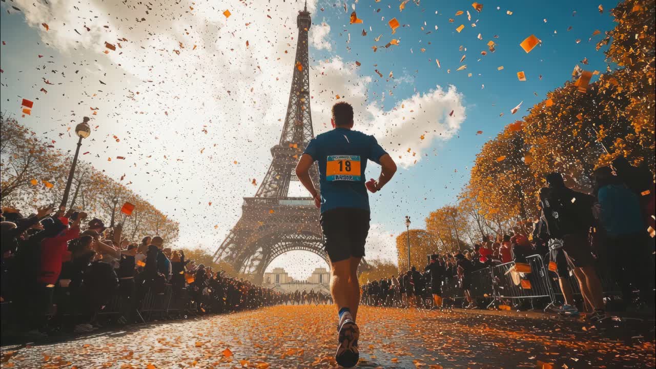 Man running towards the Eiffel Tower while crowd is cheering in a marathon race in Paris, dolly