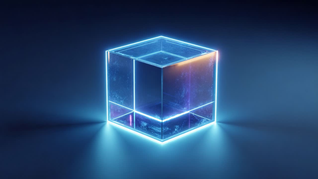 Abstract futuristic animation showing a transparent glass cube with glowing blue neon edges, inside which a smaller golden block rises and then retracts on a dark background