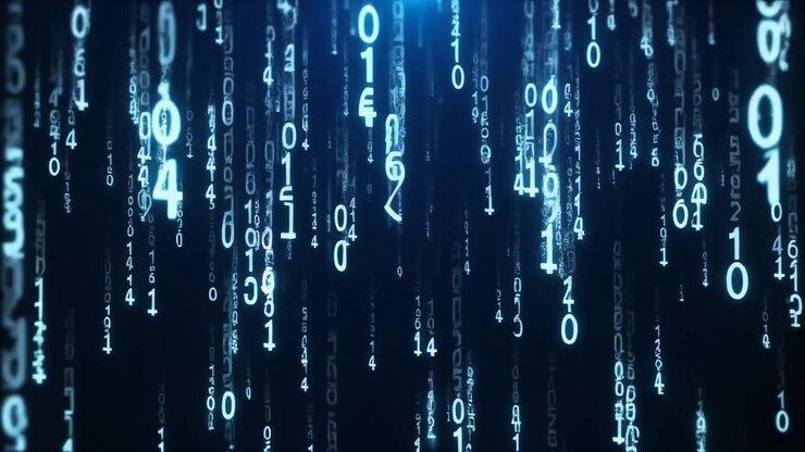Digital Binary Code Falling Down on Dark Blue Background