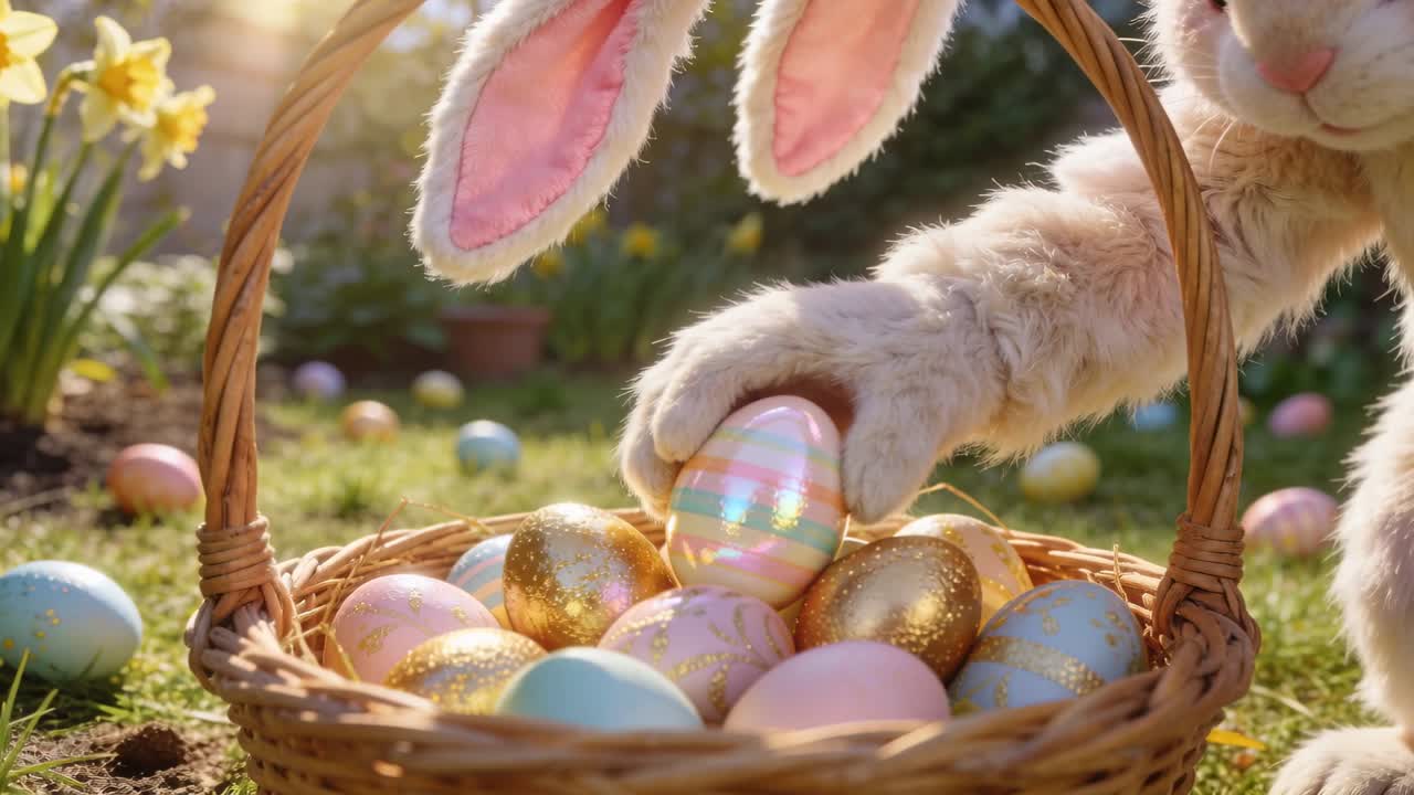 Spotting iridescent egg, Easter Bunny grasping and placing egg in wicker basket in sunlit garden