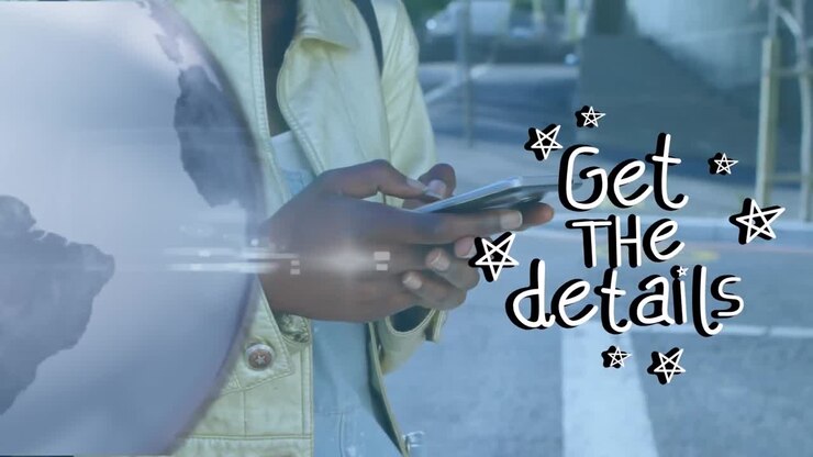 Animation of globe and get the details over hands of african american woman using smartphone