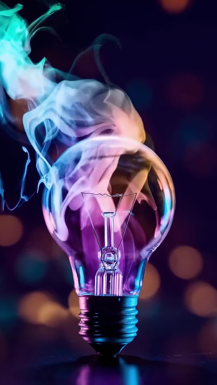 Vibrant video concept of a light bulb with colorful smoke, captured from a low angle