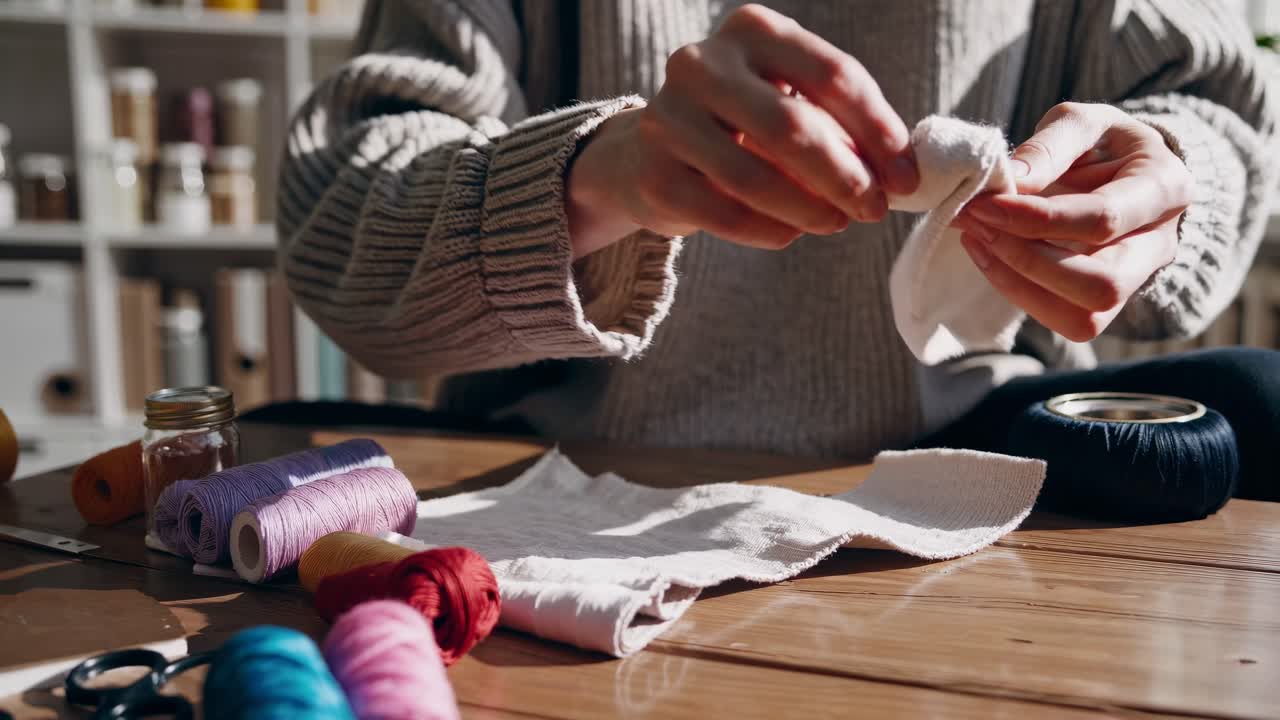 A cozy crafting scene with a person sewing at a wooden table, captured from a side angle