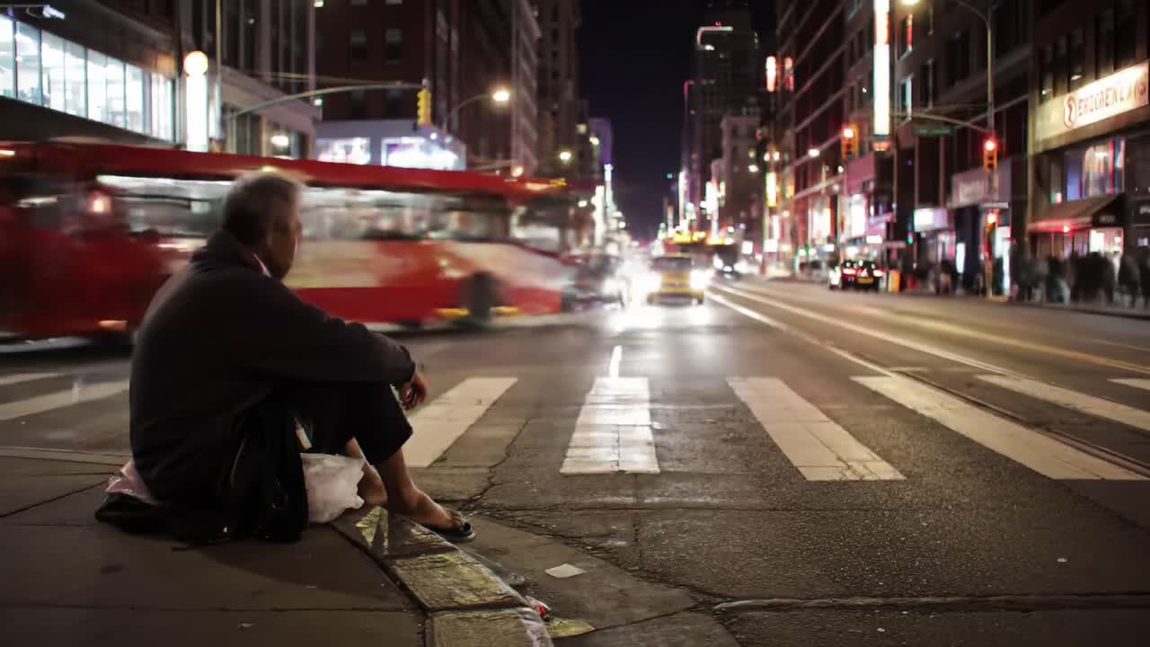 A man sits alone on a street corner in a bustling city, surrounded by fast-moving traffic and bright city lights, showcasing the contrast between urban vibrancy and solitude.