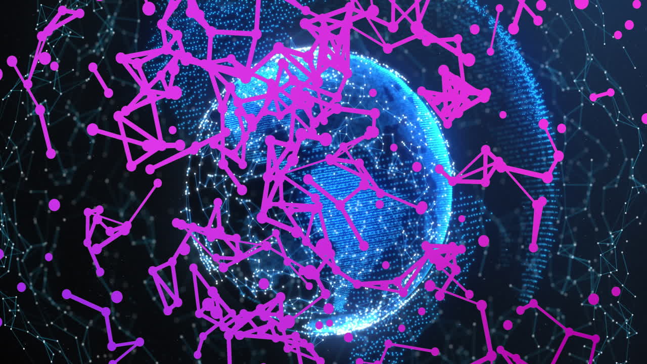 추상적 인 배경 에 회전 하는 연결 된 점 들 을 가진 지구 의 애니메이션