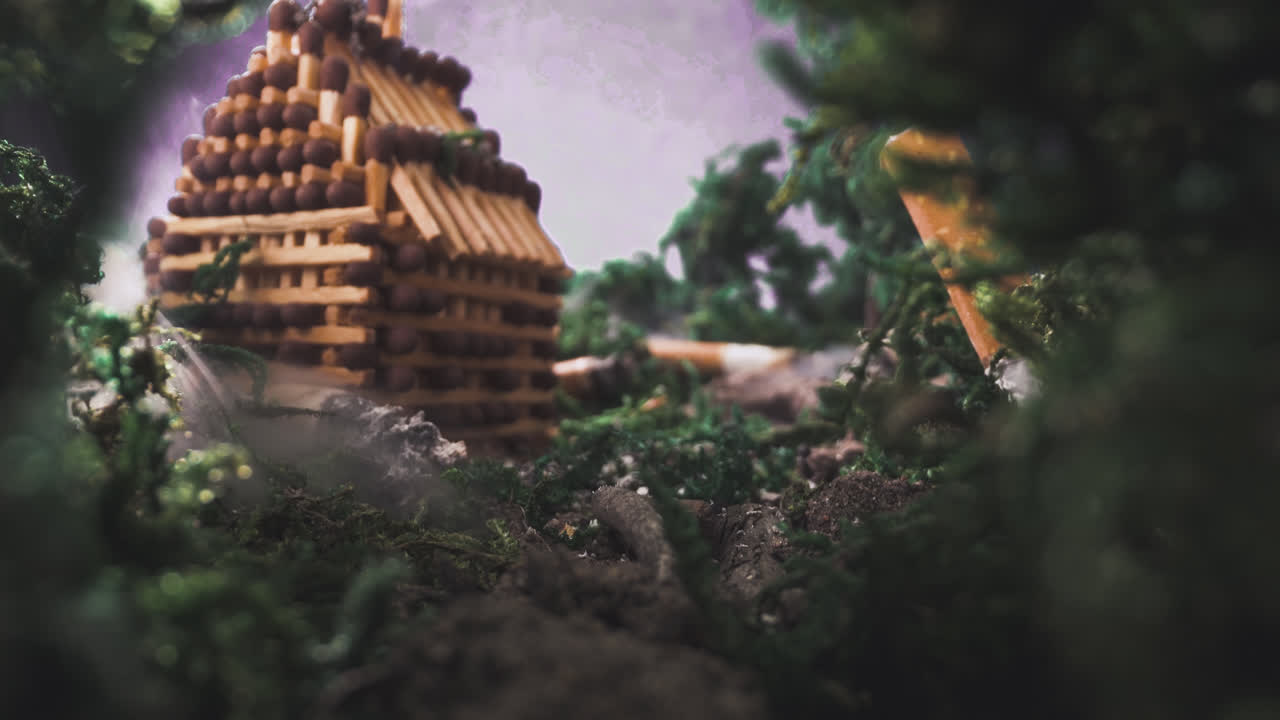 escenario con la construcción de fósforos en humo y stubs en madera