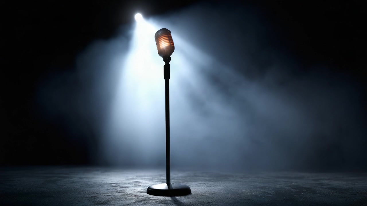 Ein Scheinwerfer auf Emotion und Ausdruck: Ein leeres Mikrofon erwartet einen Künstler in einer dunklen, atmosphärischen Umgebung aus Licht und Schatten.
