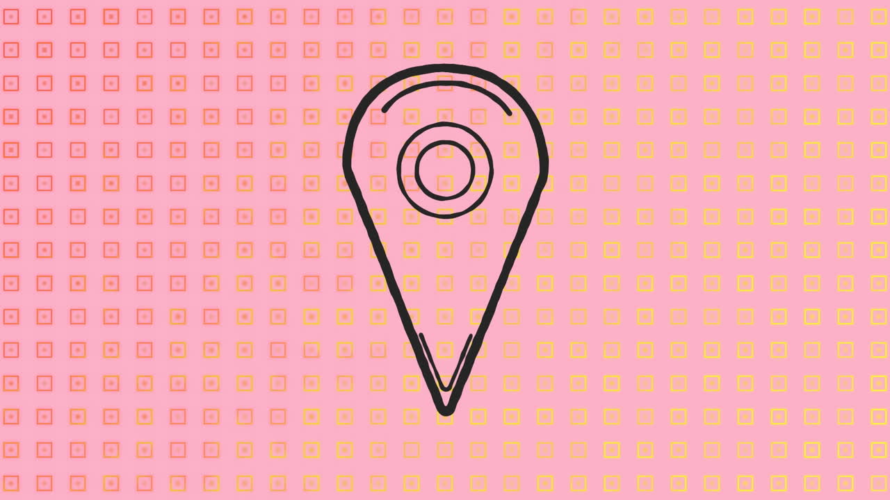 Animation of location pin icon against abstract shapes in seamless pattern against pink background
