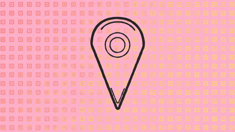 animación del icono del alfiler de ubicación contra formas abstractas en un patrón sin costuras contra un fondo rosa.