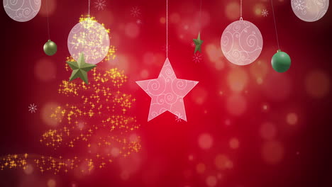 animación del árbol de navidad y decoraciones en fondo rojo.