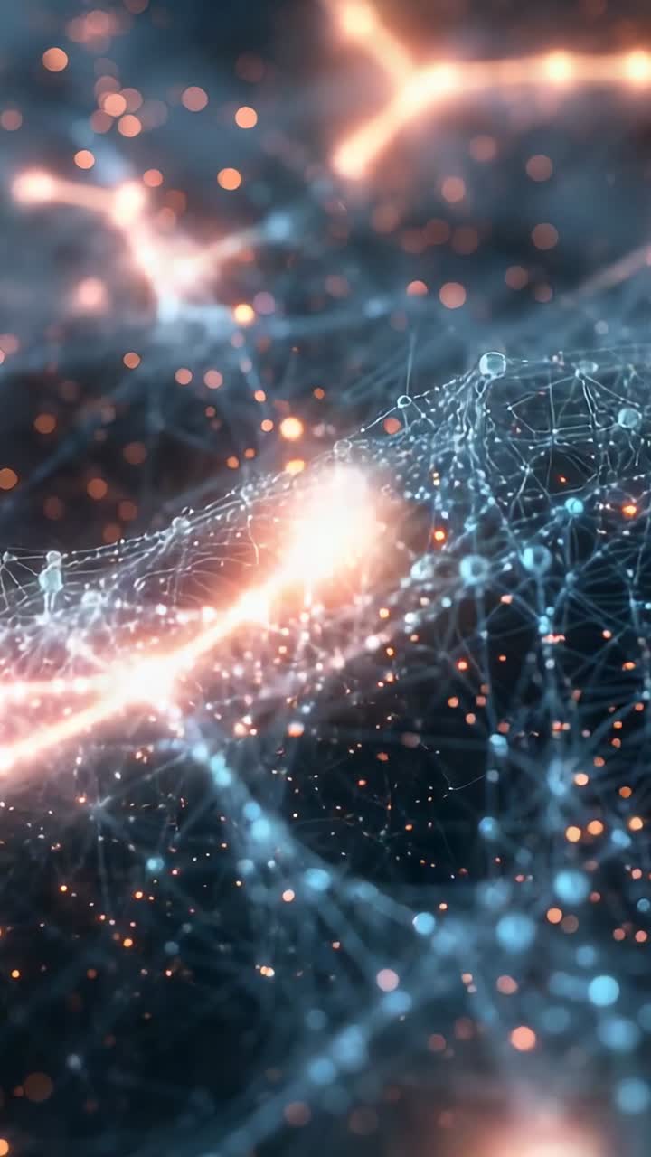 Video verticale: Flussi arancioni che si illuminano, rete blu che trasmette dati nel vuoto oscuro, nodi pulsanti