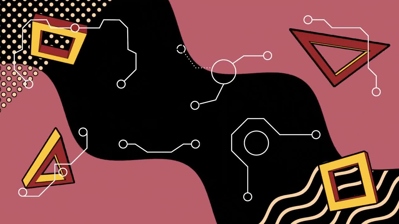 Animation of white connections over rotating triangles, pink border and graphic elements on black