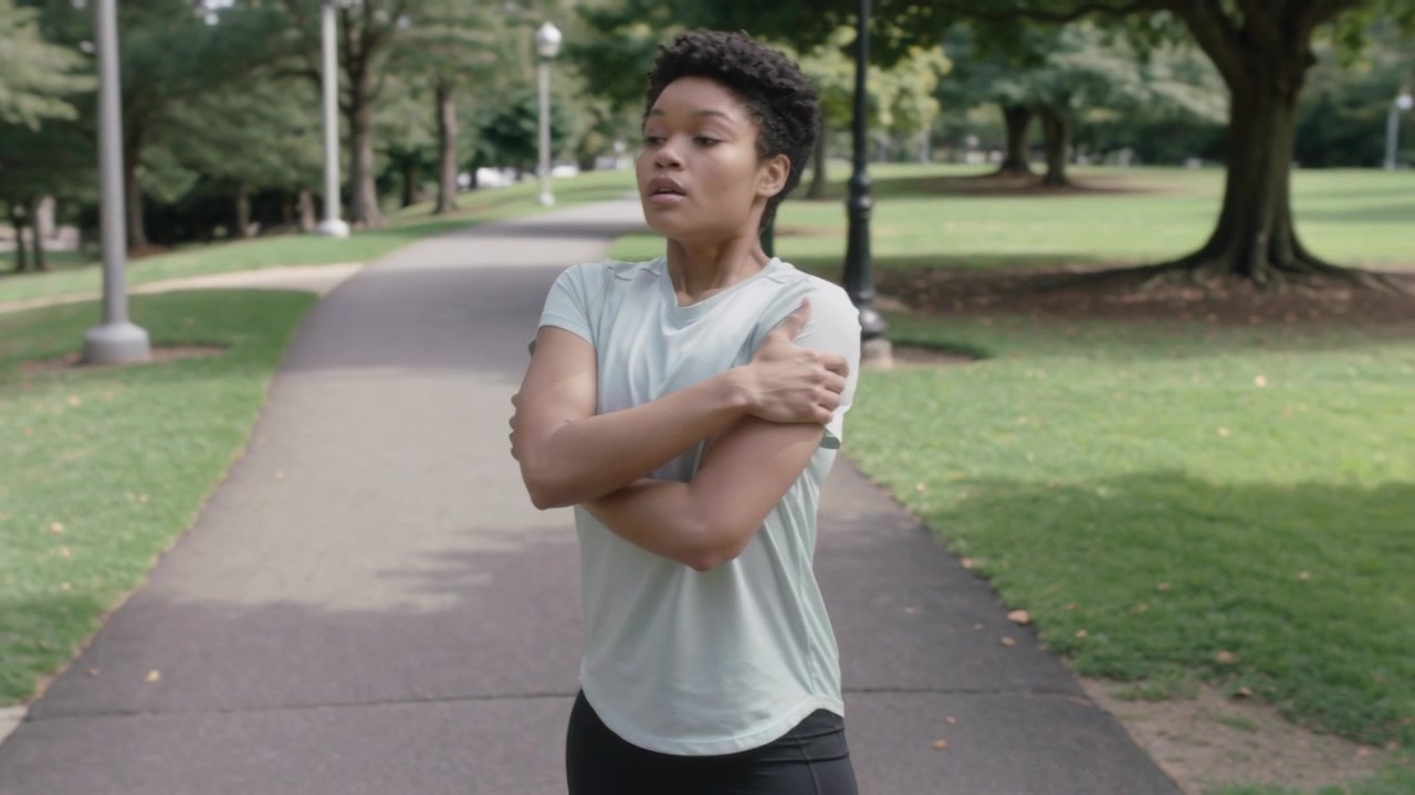 Iniziando il riscaldamento, una donna con top color menta e leggings, che si stringe le spalle, si gira e respira sul sentiero del parco.