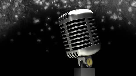 Animation-of-snow-falling-over-microphone-on-dark-background