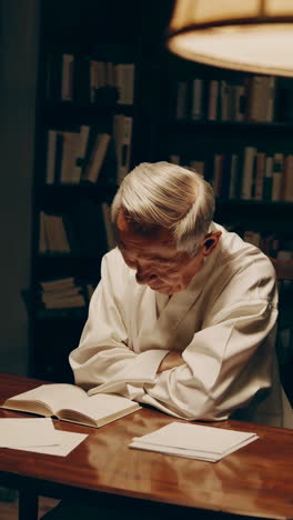 elderly man reading in a library
