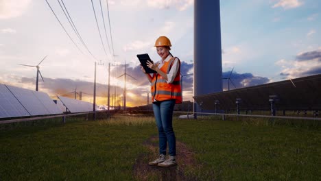 full body side view of asian female engineer with safety helmet working on a tablet with solar panel and wind turbines