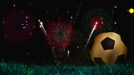 Animation-of-fireworks-over-black-background-and-soccer-ball