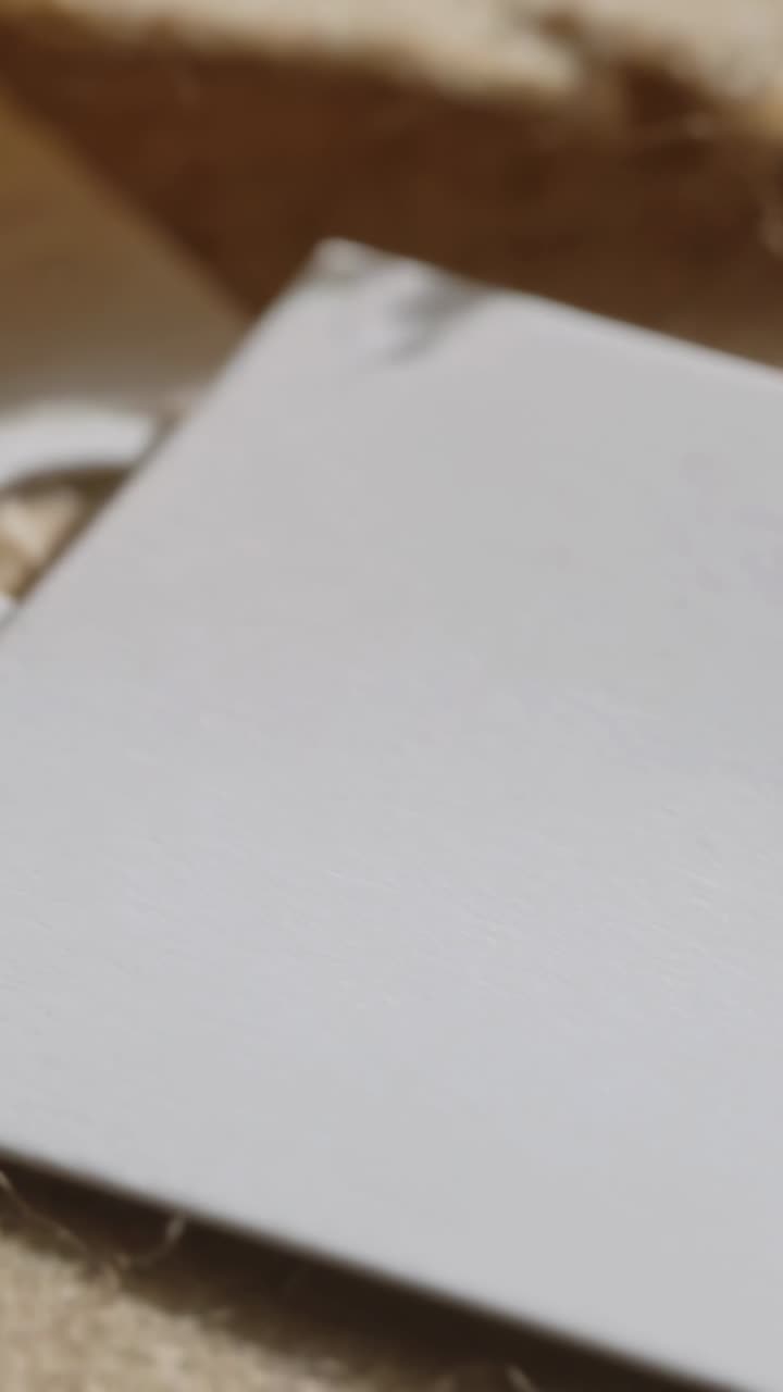 Video verticale: Carta bianca che scorre verso sinistra su feltro beige dopo uno spostamento della telecamera, coprendo un anello.