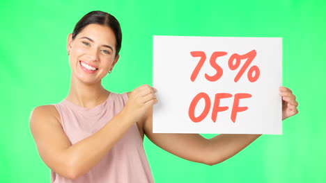 woman, poster or sign for discount by green screen