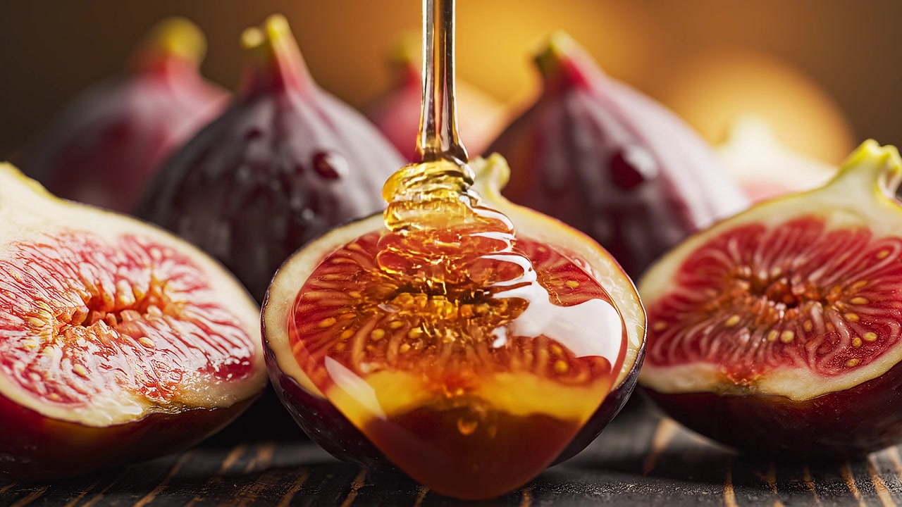 Sweet Honey Dripping onto Freshly Cut Ripe Figs
