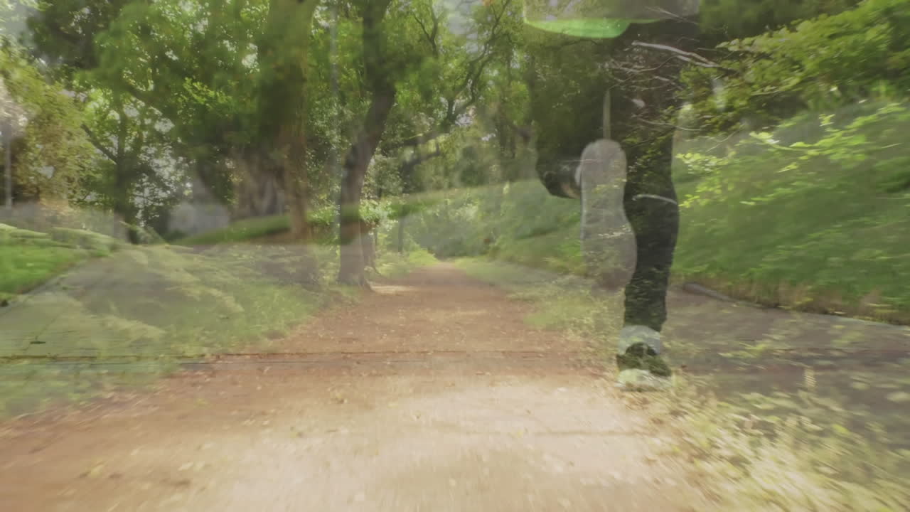 Animation of sea landscape over disabled african american man with artificial legs running