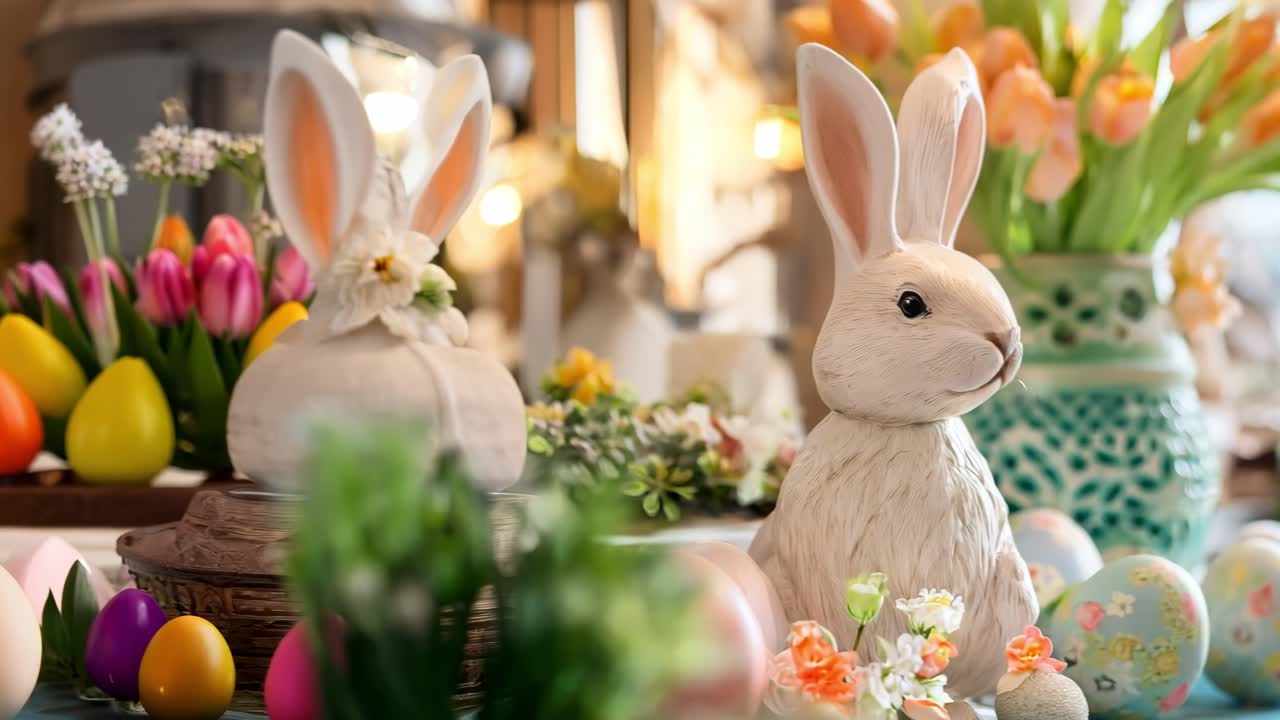 Easter bunny figurine sits among colorful eggs, tulips, and spring decorations on a beautifully set table, creating a cheerful holiday atmosphere