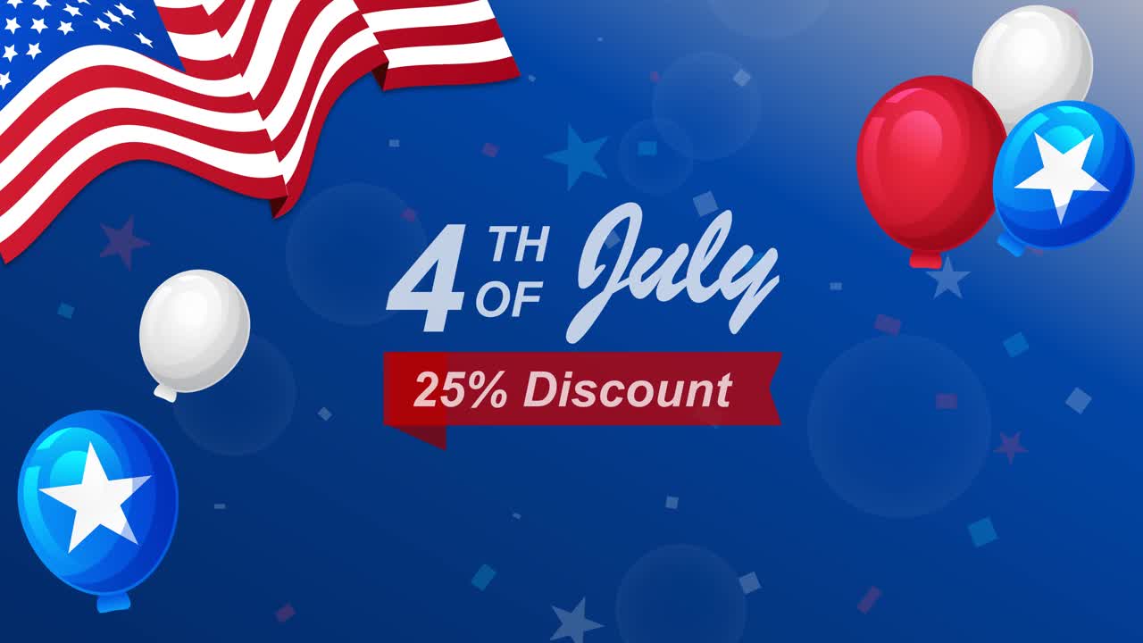 4th July Greetings for 25% Discount at a Store with American Flag, Fireworks, and Balloons
